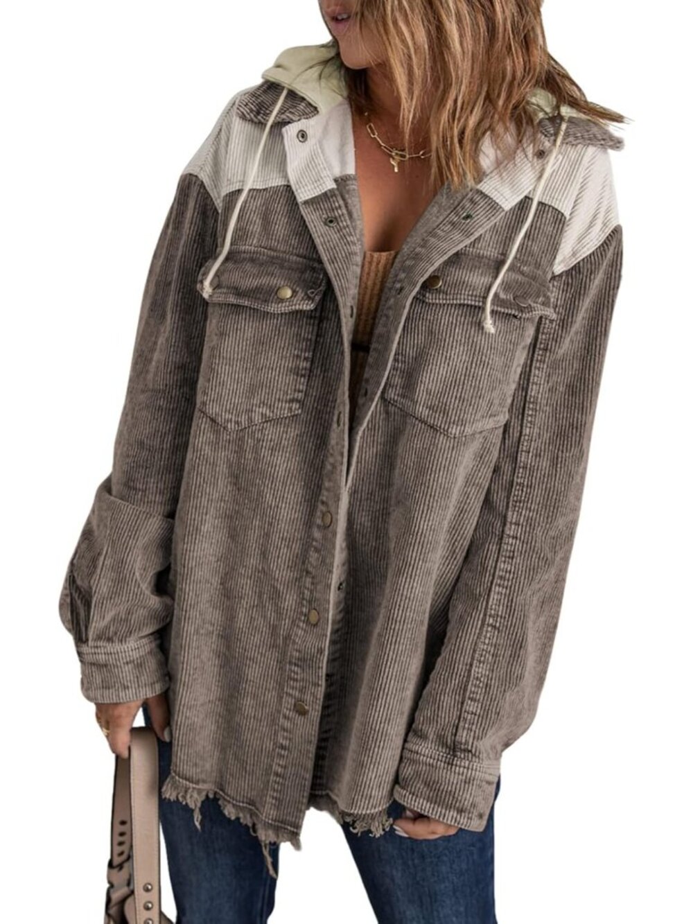 Womens 2025 Fall Corduroy Shacket Jacket Long Sleeve Button Down Color Block Hoo